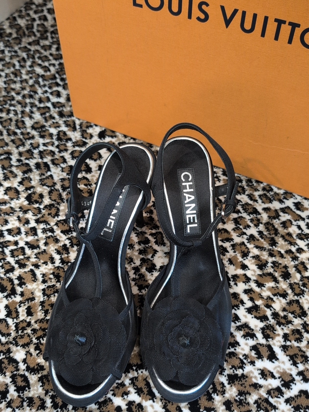 CHANEL Black Camellia T-strap Heels 38.5